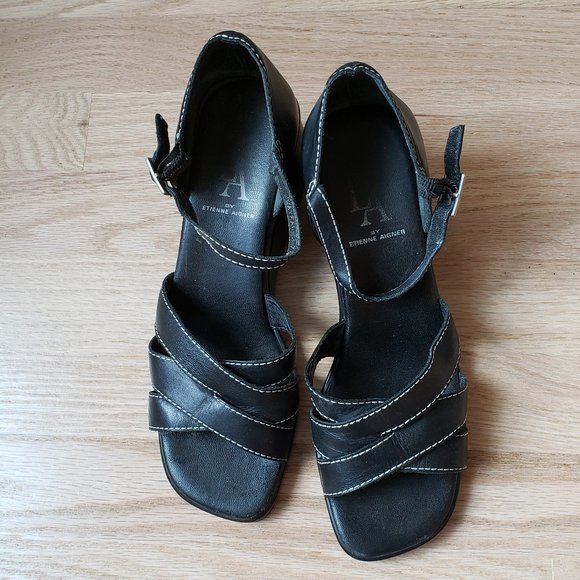 Etienne Aigner Genuine Leather Black Wedge Sandals Size 7.5M - Picture 2 of 5